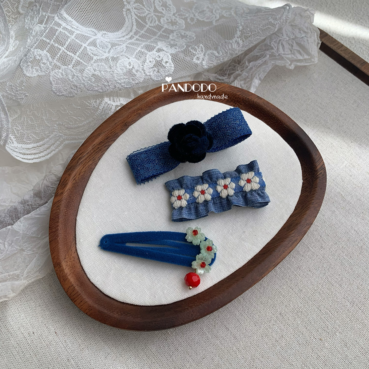 PANDODO原创手作儿童小众发夹 牛仔花朵不锈钢BB夹 女孩碎发夹