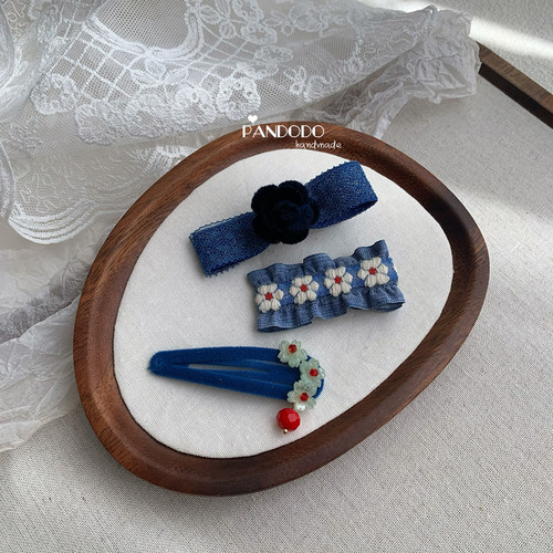 PANDODO原创手作儿童小众发夹 牛仔花朵不锈钢BB夹 女孩碎发夹