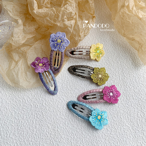 Pandodo小众手作 日系复古刺绣花朵发夹 女童宝宝碎发边夹发饰