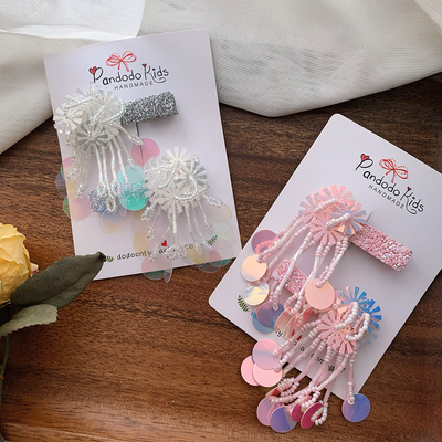 PANDODO超仙雪花流苏发夹儿童发饰 闪闪亮片小众配饰女童边夹