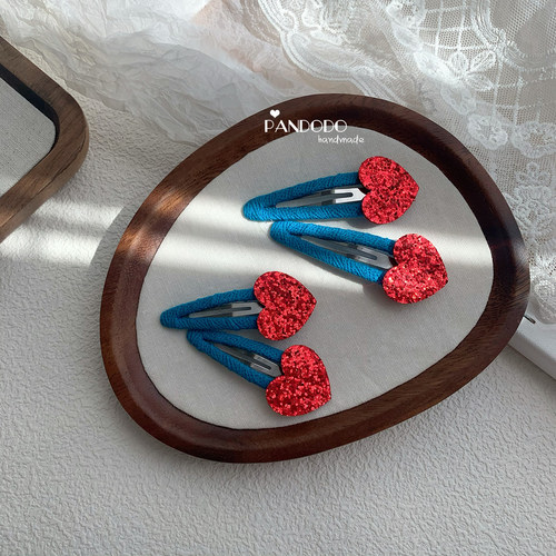 Zheii可爱的发夹 小众撞色进口闪布爱心儿童侧边夹女孩宝宝刘海夹