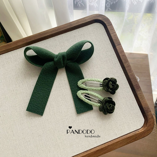 Pandodo韩国进口毛呢蝴蝶结儿童发夹公主头发饰 墨绿丝绒花朵对夹