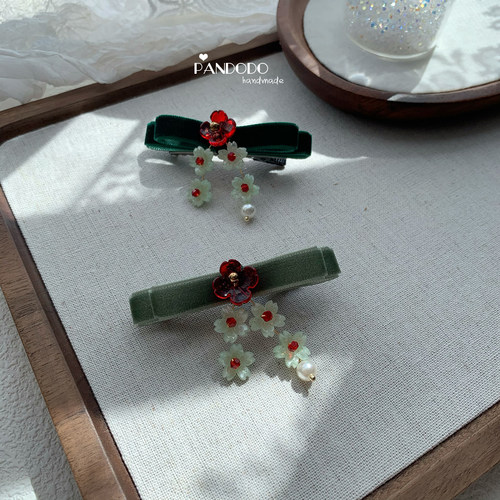 PANDODO独家原创手作中式发夹 花簇丝绒蝴蝶结儿童发饰边夹刘海夹