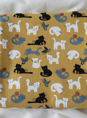 黄色底黑白猫咪印花帆布手感厚实偏硬一点12安帆布全店20元包邮