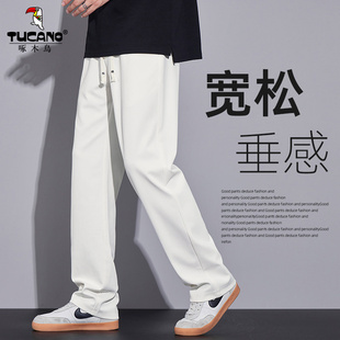 啄木鸟白色直筒休闲裤男2026夏季薄款宽松简约时尚运动长裤子青年