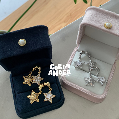 Coriander香菜 双色双子星 闪钻星星多戴法多层次耳钉