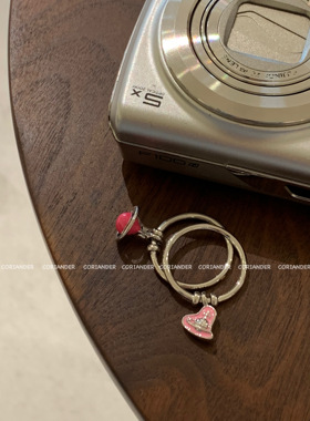 香菜商店【鬼马甜心】时髦可爱粉色珐琅爱心星球戒指组合