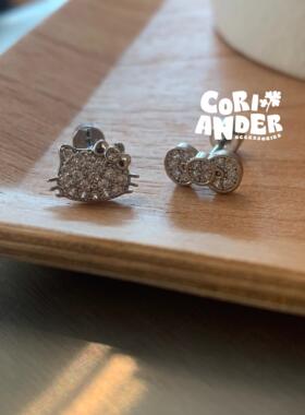 Coriander香菜【k门永存】钛钢满钻不对称蝴蝶结kt猫耳钉