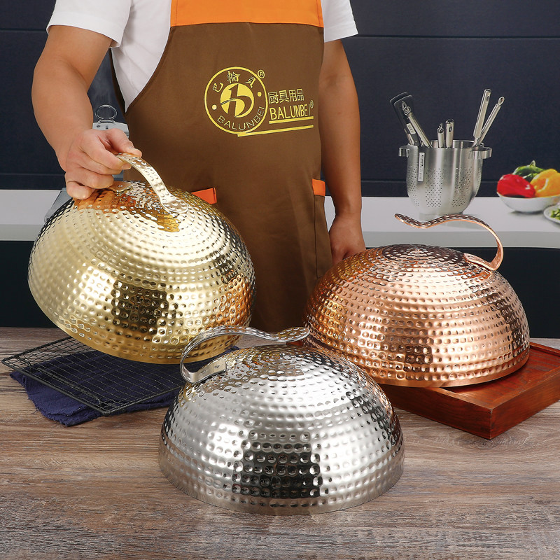 锅盖商用带把手日式铁板烧盖子锤点铁板盖黄铜紫铜盖不锈钢圆形盖