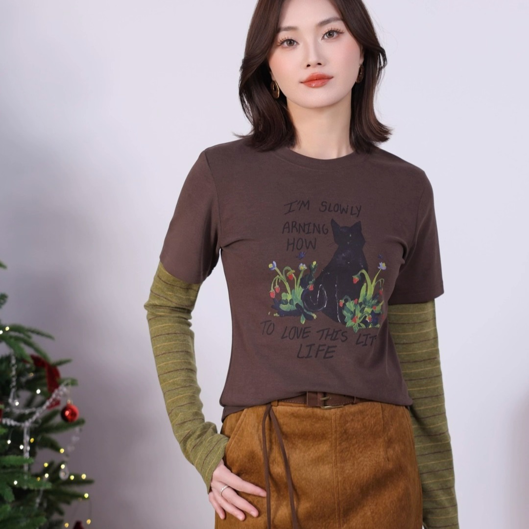 条纹袖子印花上衣休闲