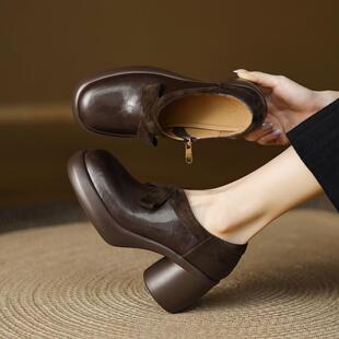 时尚 皮鞋 单鞋 复古风7CM粗年女跟 厚底蝴蝶结跟小深口 2025高新款