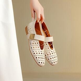 空洞洞透气鞋女浅口鞋夏季单鞋新款镂百搭真皮平底通勤奶奶