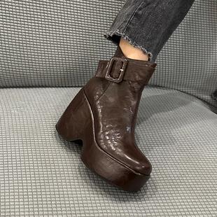 跟风短靴台坡靴马丁头层超高羊皮女防水10cm跟厚底~时装松糕英伦