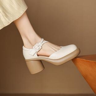 真皮 7CM2025跟百搭包头脚厚底新款 中空跟简约女粗单鞋 高不累凉鞋