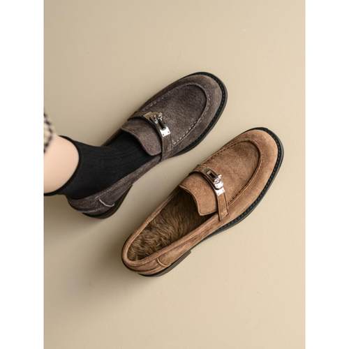 jk加绒脚蹬跟复古皮鞋英伦一小单鞋乐福鞋真皮女鞋法式粗秋冬风女