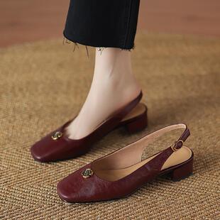 女新款 跟春夏季 法式 后空山茶花粗真皮2025单鞋 包头 方头凉鞋