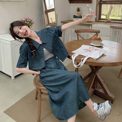港风复古牛仔短袖衬衫两件套女2024夏季新款高级感洋气半身裙套装