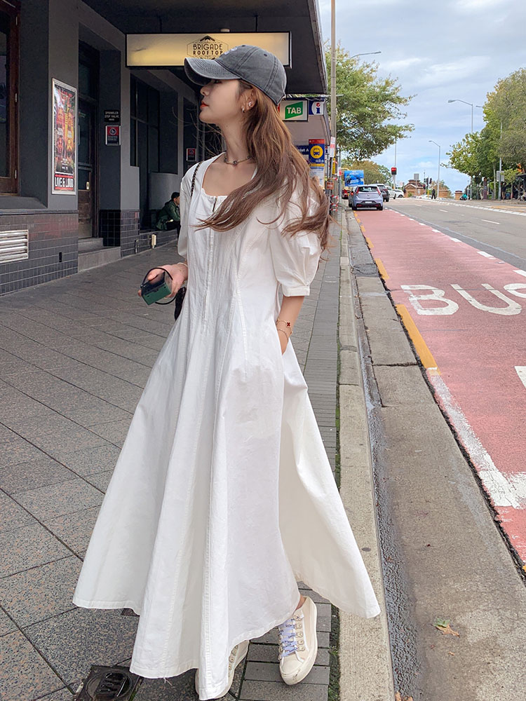 夏季白色法式复古方领大裙摆连衣裙女清纯气质超长款到脚踝长裙女