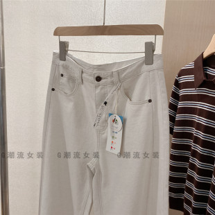 本色休闲宽松无弹斜裁棉+亚麻气球裤牛仔裤阔腿长裤米白女款春季