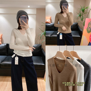 通勤商务知性弹力修身套头V领扬子纱羊毛衫上衣鱼骨纹纯色女秋冬