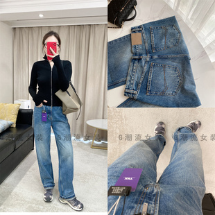 高个子休闲美式水洗蓝色无弹力高腰窄版直筒牛仔裤长裤女秋冬