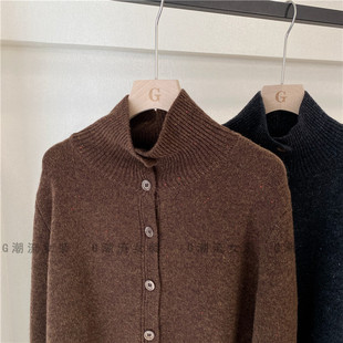 秋冬新 文艺气质点子花纱立领单排扣宽松直筒羊毛衫开衫毛衣女款