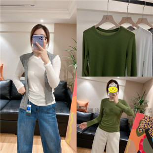 女款 T恤打底衫 春绿色 纯色圆领天丝羊毛长袖 加密加宽领口弹力修身