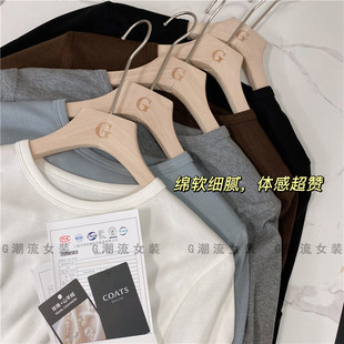 品质货高支高密柔软弹力修身山羊绒棉圆领长袖打底衫T恤女款纯色