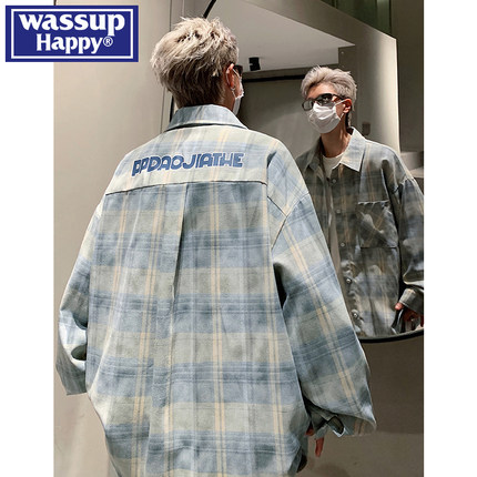 wassup happy扎染格子长袖衬衫男春秋季2025新款潮牌大码休闲外套