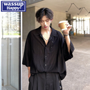 薄款 wassup 男夏季 happy黑色短袖 冰丝痞帅上衣服宽松休闲外套 衬衫