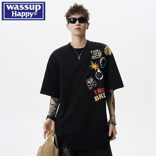 happy涂鸦短袖 夏季 wassup t恤男士 薄款 潮牌设计感高街休闲五分袖