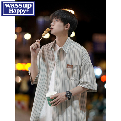 wassuphappy条纹短袖衬衫男