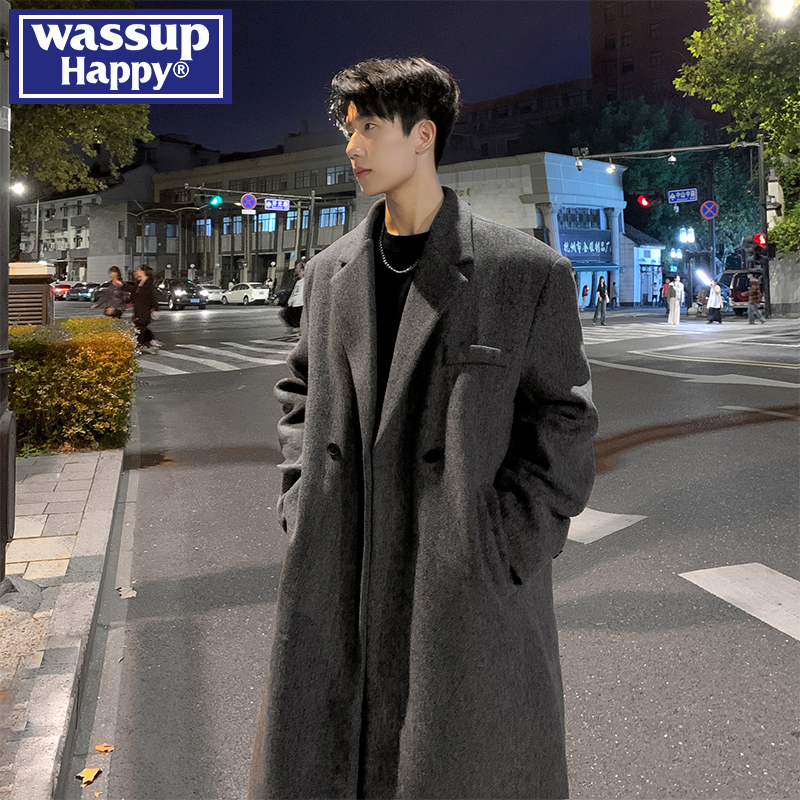 wassuphappy潮流百搭毛呢大衣男