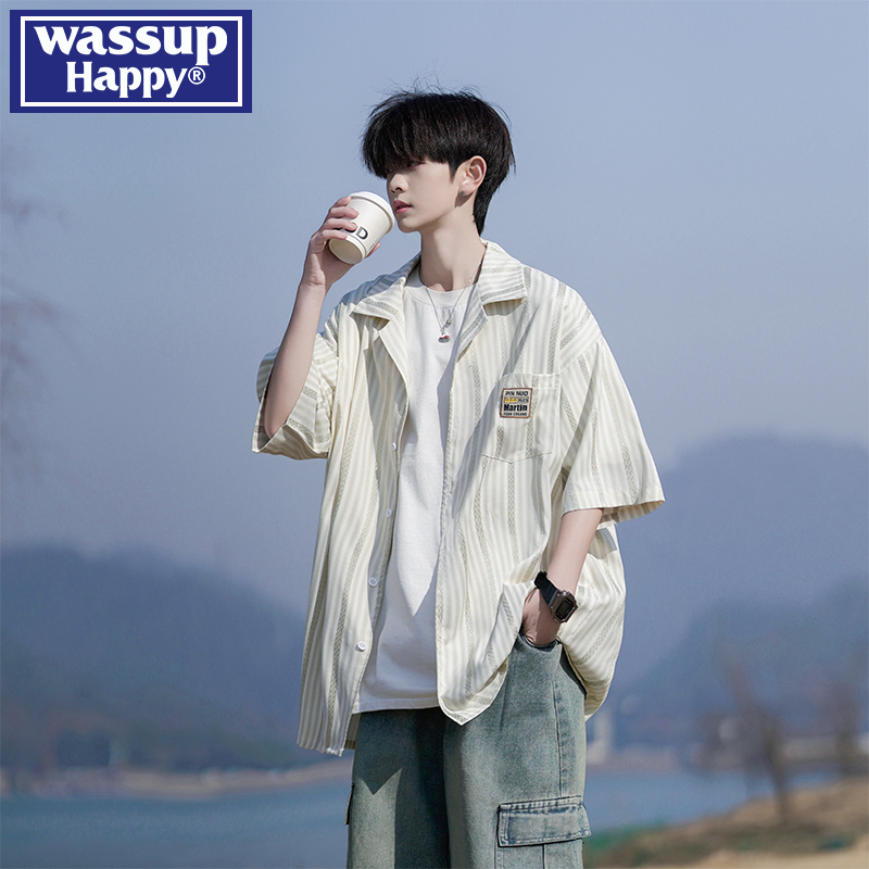 wassuphappy潮流短袖衬衫男