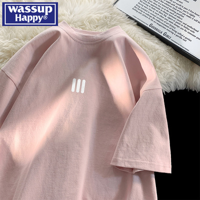 wassuphappy粉色短袖t恤男