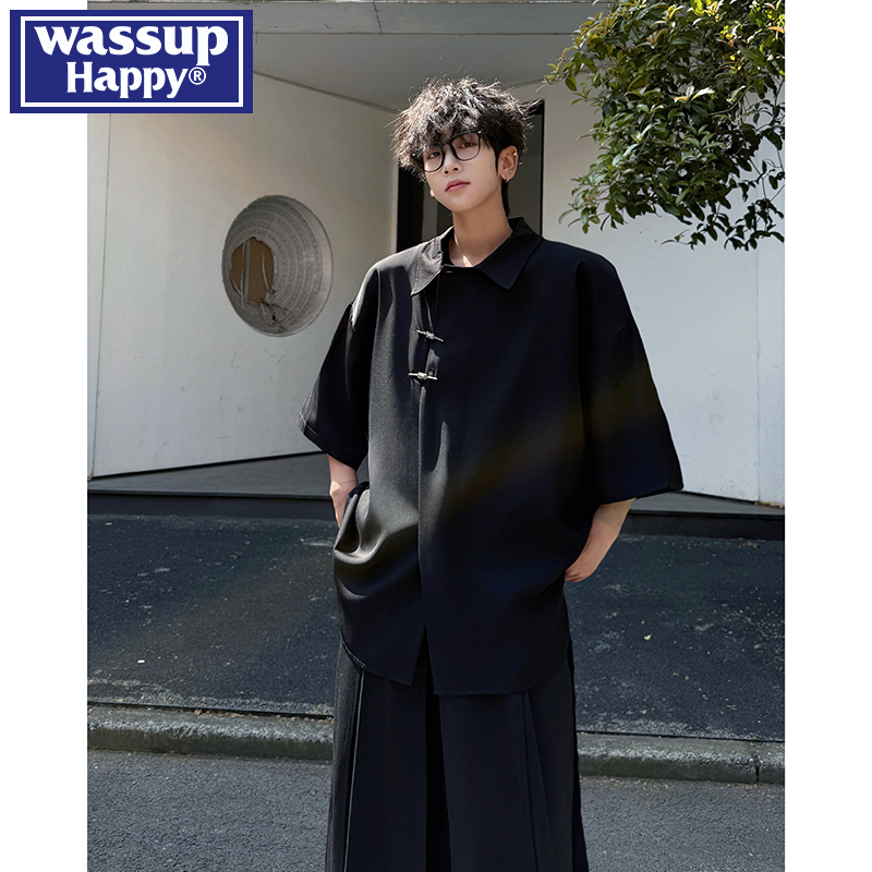 wassuphappy潮流短袖衬衫男