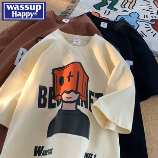 大码 薄款 潮牌宽松美式 休闲五分袖 HAPPY重磅短袖 WASSUP t恤男夏季