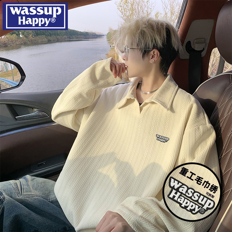 wassup happy麦穗纹polo领卫衣男春秋季潮牌重磅休闲外套宽松上衣