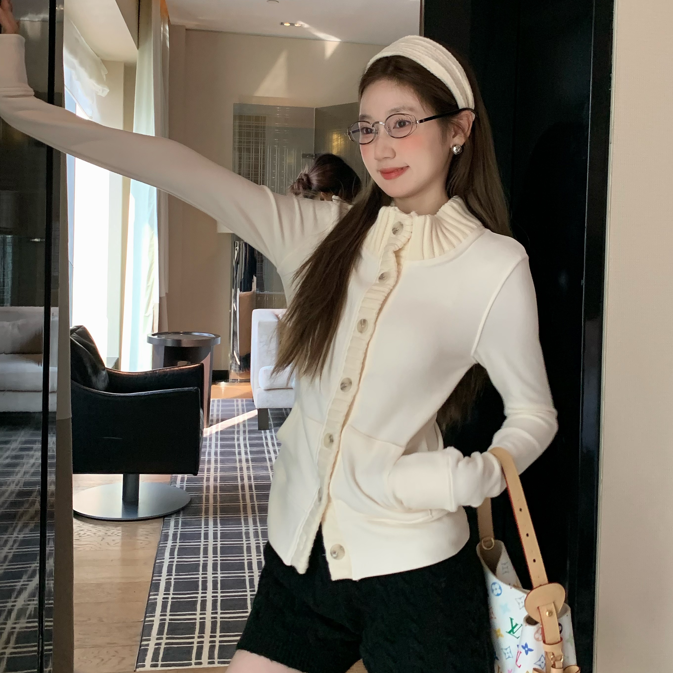 秋冬韩版磨毛拼接显瘦针织开衫