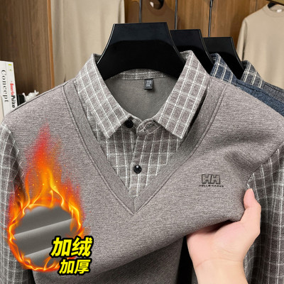 毛衣男款2025新款冬季中老年爸爸装假两件加绒加厚格纹打底衫