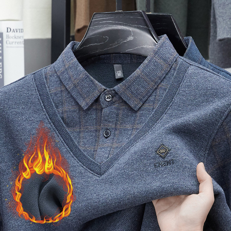 秋冬季中老年男士加绒加厚羊毛假两件衬衫领针织衫内搭保暖毛衣男