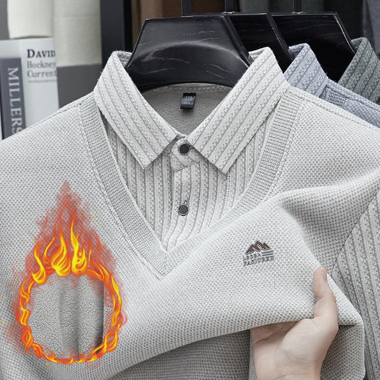 高级感冬季男士假两件加绒加厚毛衣翻领保暖针织中老年polo打底衫