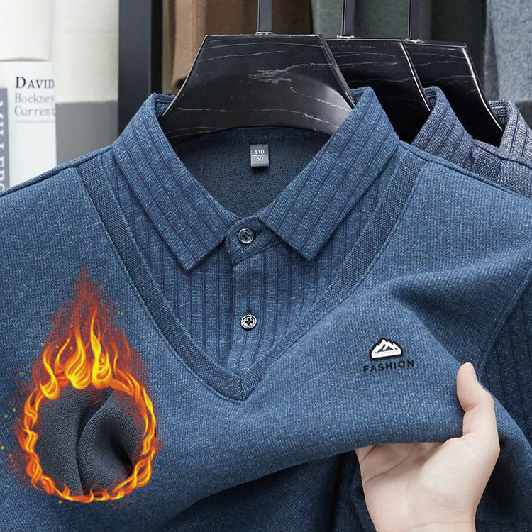 爸爸毛衣加绒加厚保暖衣秋冬季衬衫领中老年打底衫上衣中年假两件