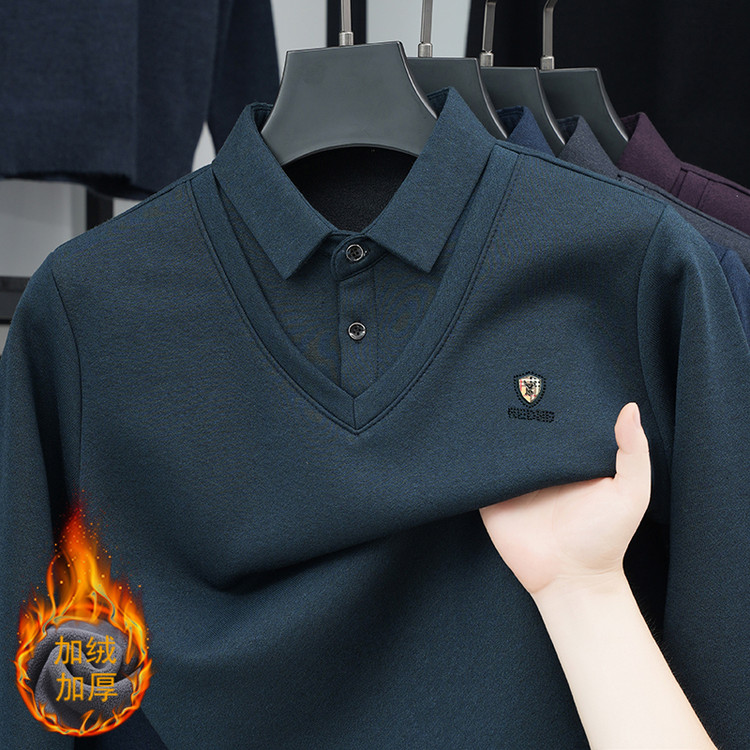 冬季中老年假两件毛衣男翻领打底衫套头加绒加厚保暖男士卫衣