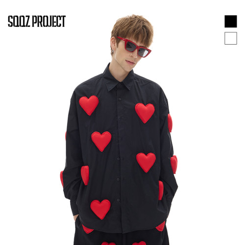 SQQZ PROJECT春秋立体满幅小爱心塞棉长袖衬衫宽松衬衣衬衫情侣