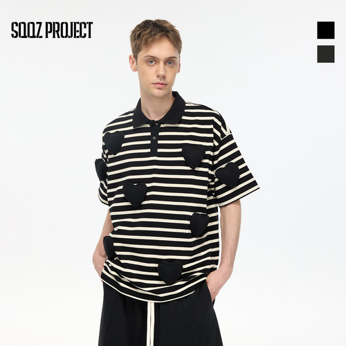 SQQZ PROJECT春夏新款立体塞棉宽松polo条纹短袖T恤男女同款