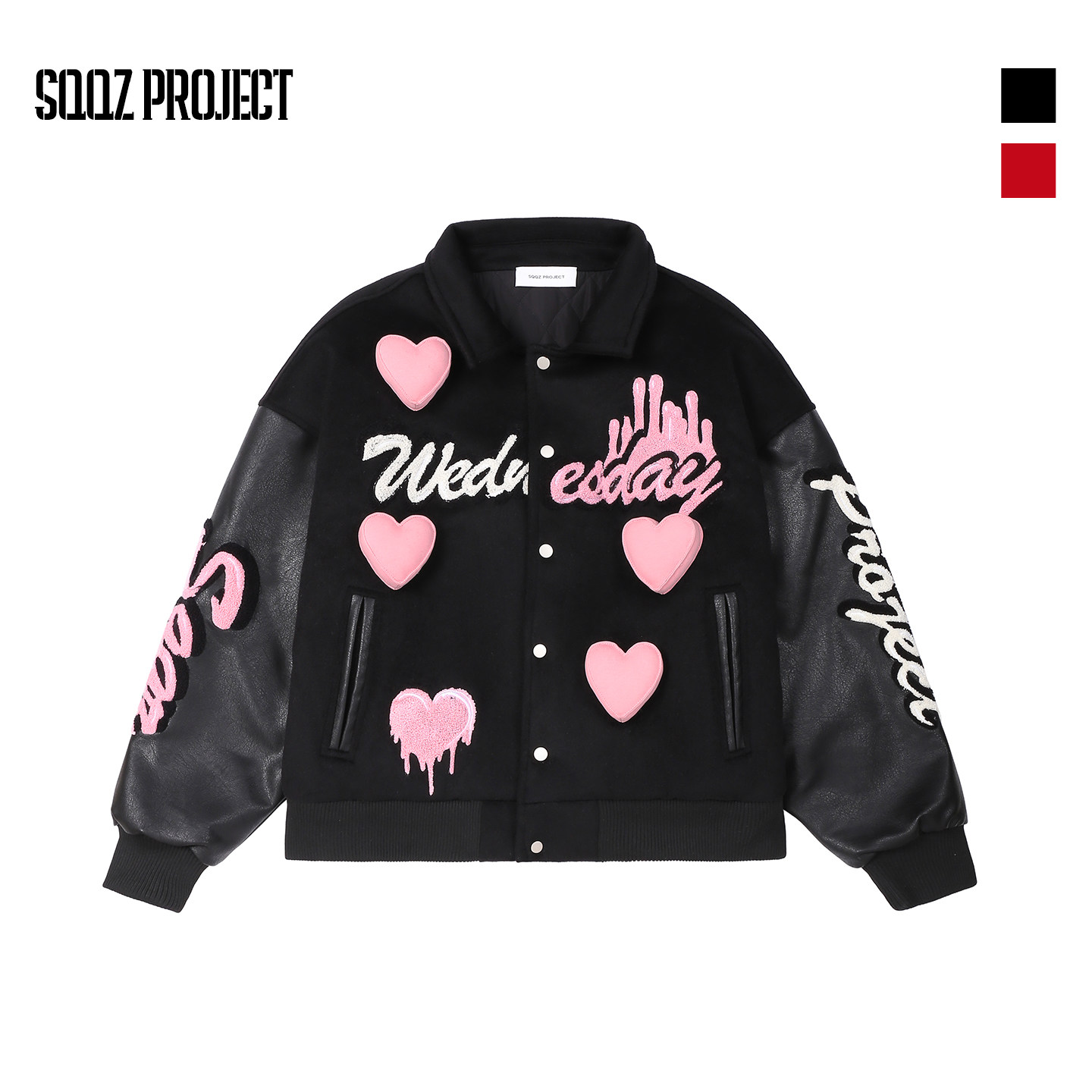 SQQZ PROJECT夹棉撞色立体爱心涂鸦刺绣美式复古棒球服夹克外套