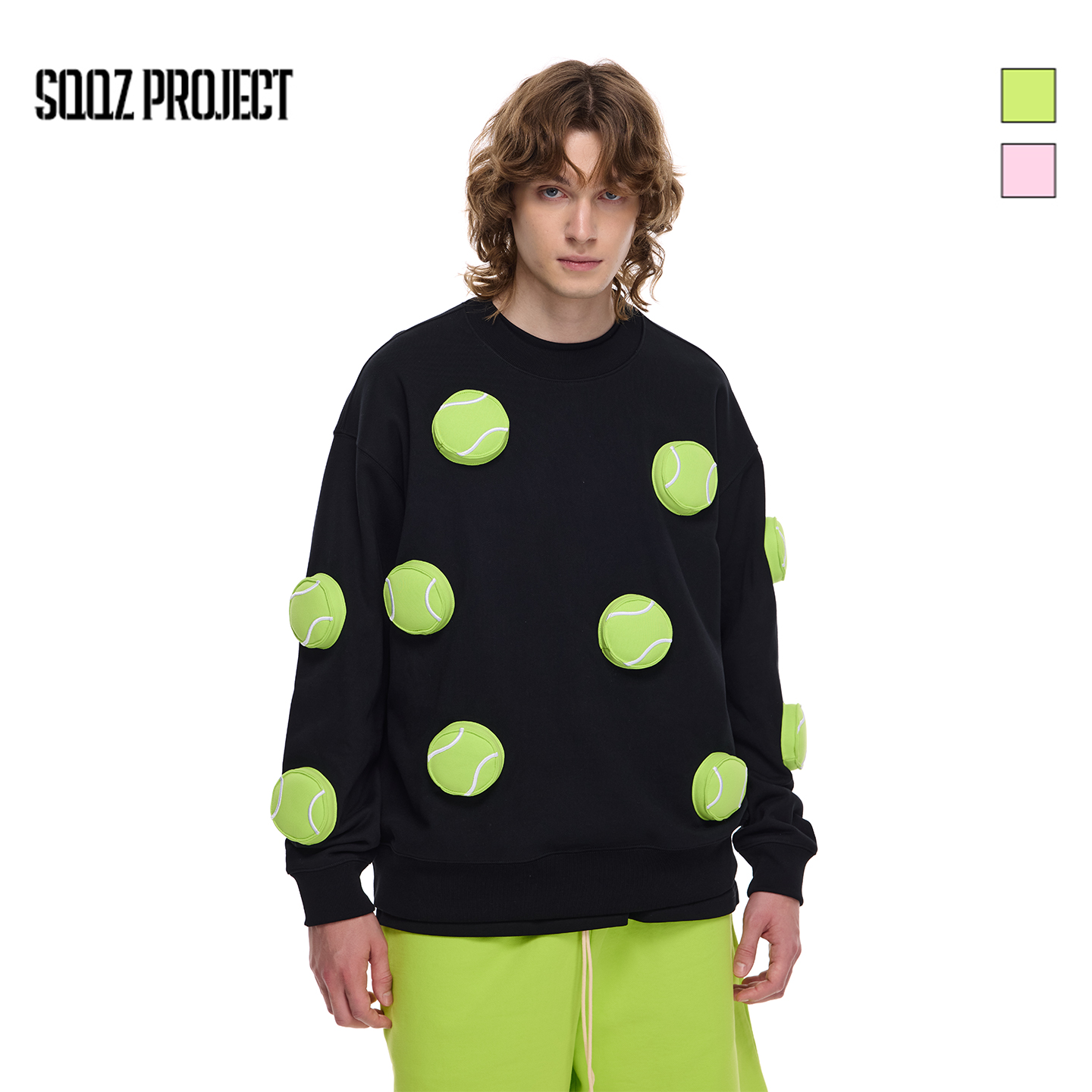 SQQZ PROJECT秋冬480G满身立体塞棉网球绣花圆领长袖套头卫衣情侣