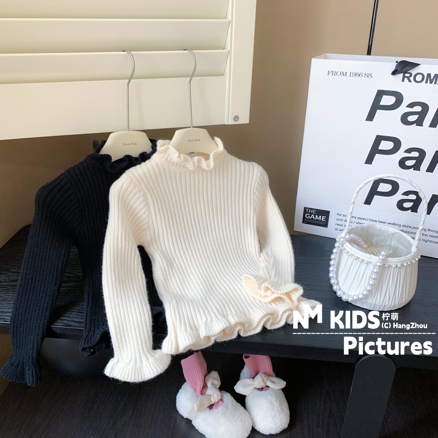 女童毛线打底衫2025冬季新款女童洋气百搭木耳边大弹力坑条针织衫