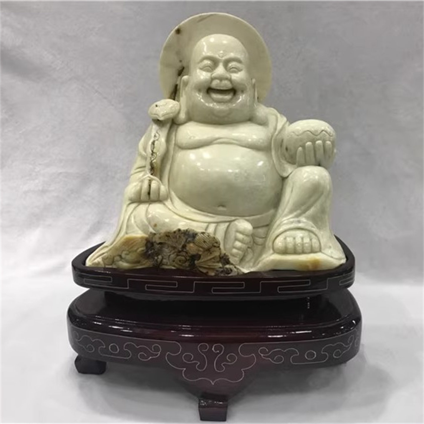 岫玉弥勒佛摆件笑佛手把件手镯手串原石原料吊坠挂件和田玉析木料